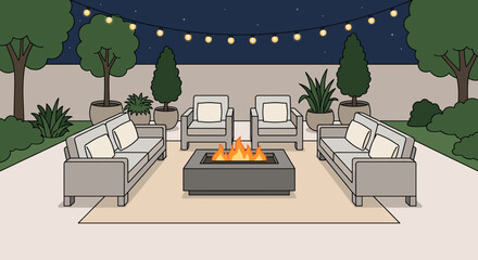 Fototapeta premium Modern outdoor patio with fire pit and comfortable seating area under a starry night sky with decorative string lights and lush green plants in a backyard setting