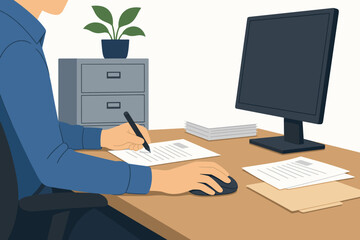 Naklejka premium A person working at an office desk with a computer monitor and writing on paper while using a mouse in a modern workspace environment for business productivity