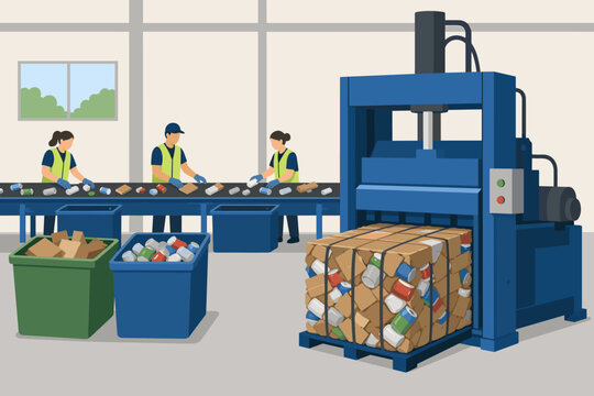 Workers sorting waste on a conveyor belt in a recycling facility with a large hydraulic baler machine processing aluminum cans and cardboard into compact bales for sustainable management