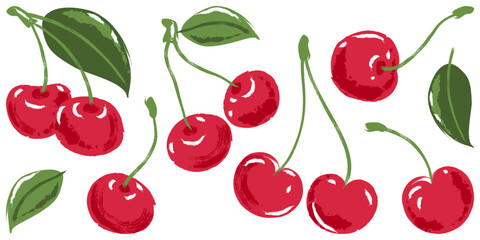 Obraz premium Vector watercolor cherry fruits set. Hand drawn red cherries berries illustration. Trendy vintage design elements