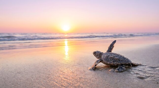 Small baby sea turtle crawling on sandy beach toward the ocean at golden sunrise with hatchling