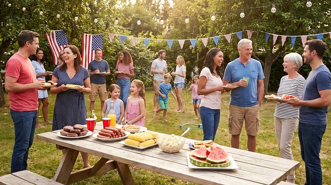 Family picnic gathering under American flag bunting outdoors