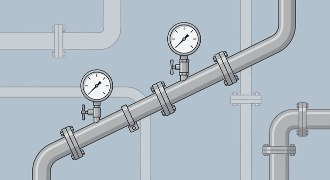 Industrial metal pipes with pressure gauge manometers connected by flanges and bolts in a complex plumbing system for water or gas distribution