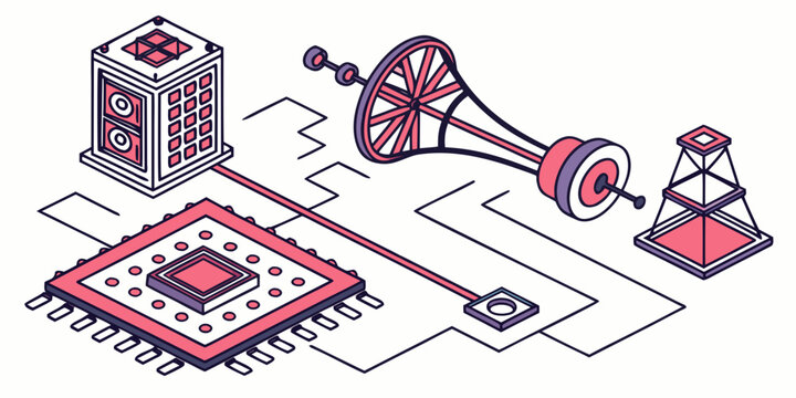 Isometric illustration of computer processor speaker antenna tower with processor technology isometric illustration computer electronic communication abstract component hardware processing