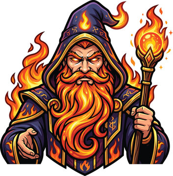 Fantasy fire wizard holding magic staff vector illustration with sorcerer character illustration mystical