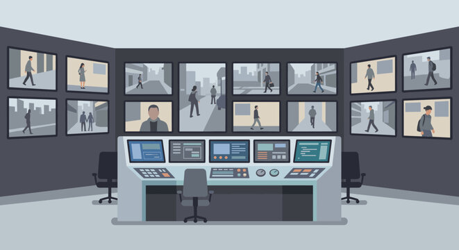 Security control room with multiple surveillance monitors showing people in public spaces and a central operator console for monitoring urban safety and privacy