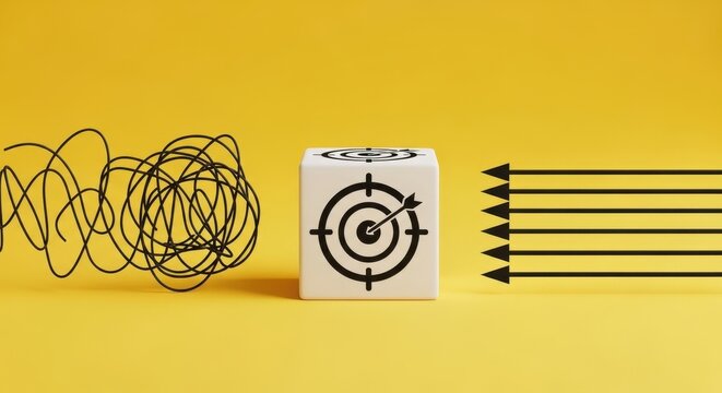 White cube with target symbol between messy scribble and parallel arrows on yellow background