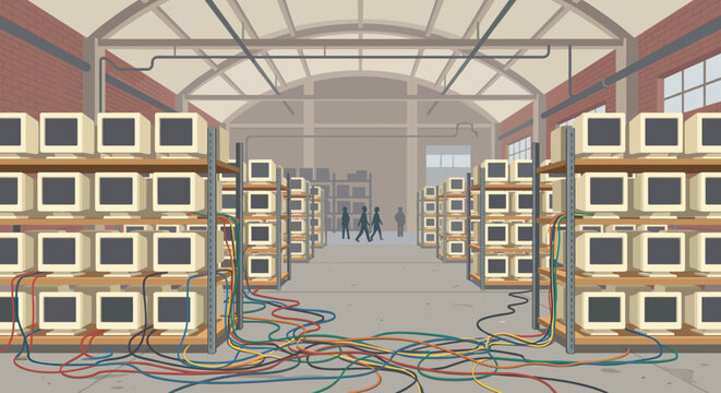 Rows of vintage CRT computer monitors on industrial shelves in a large warehouse with tangled colorful cables on the floor and silhouettes of people walking in the distance