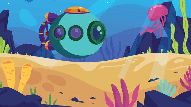 Small stylized submarine exploring deep underwater ocean floor in flat vector style
