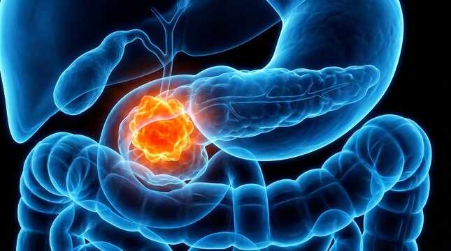 Digital illustration of pancreatic cancer and digestive system anatomy