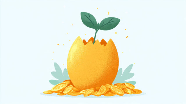 Creative illustration of a bright orange egg hatching with green leaves emerging on a light background