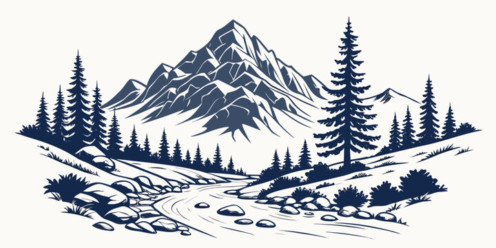 High contrast blue line art illustration of a majestic mountain peak with a rocky river and pine forest mountain landscape illustration monochrome wilderness outdoors adventure engraving