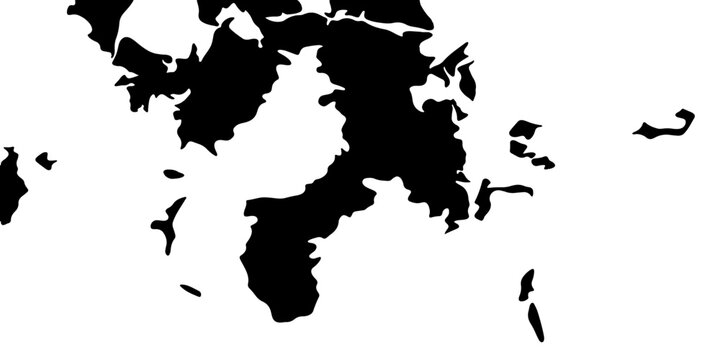 An abstract silhouette map of a Greek island chain, rendered in stark black and white, suggesting a journey or exploration.