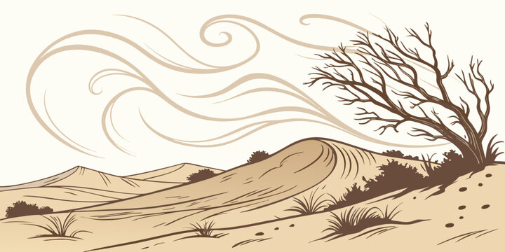 Minimalist desert landscape illustration with windblown bare tree against rolling sand dunes and swirling wind patterns in sepia tones landscape wilderness illustration environment minimalist