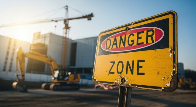 Yellow danger zone warning sign at a construction site with crane and excavator in background