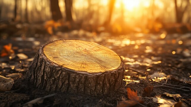 A freshly cut tree stump in a sunlit forest clearing, highlighting the impact of deforestation and environmental change.