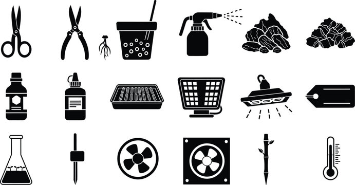 Set of black icons for indoor gardening and hydroponic plant farming equipment