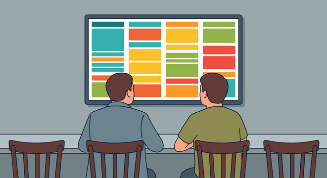 Two businessmen looking at a digital dashboard on a large screen while sitting in an office environment during a collaborative project management meeting session