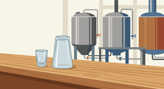 Brewery interior with beer tanks and glasses on a wooden bar counter featuring industrial equipment for craft beer production and fermentation in a modern pub setting