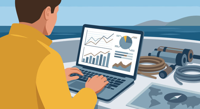 A man working on a laptop computer on a boat at sea, analyzing financial data and business charts while enjoying a remote lifestyle as a digital nomad on the water