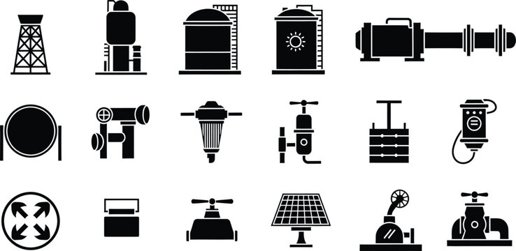 Set of black industrial icons featuring oil gas refinery equipment and power plant tools