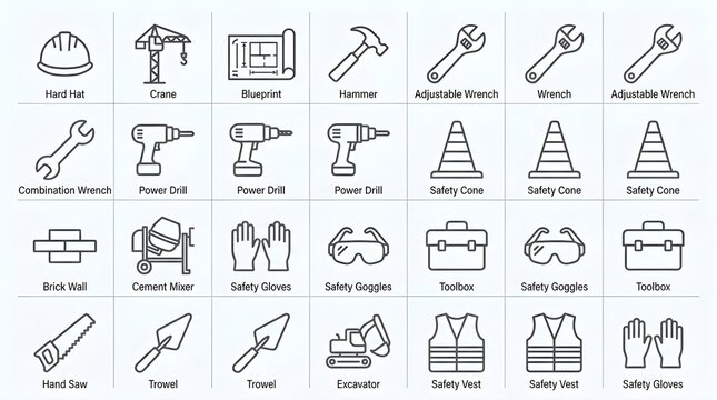 Monochrome construction icon grid with hard hat, crane, blueprint, hammers, adjustable wrenches, power drills, safety cones, brick wall, cement mixer, safety gloves, goggles, toolbox, saw, trowel, exc