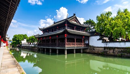 Naklejka premium Traditional Chinese building over water, reflected in the calm green canal