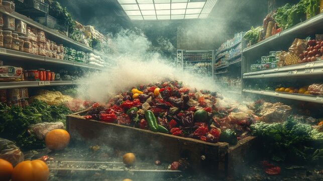 A large pile of discarded food waste sits in a grocery store trash compactor, producing a cloud of decomposition.