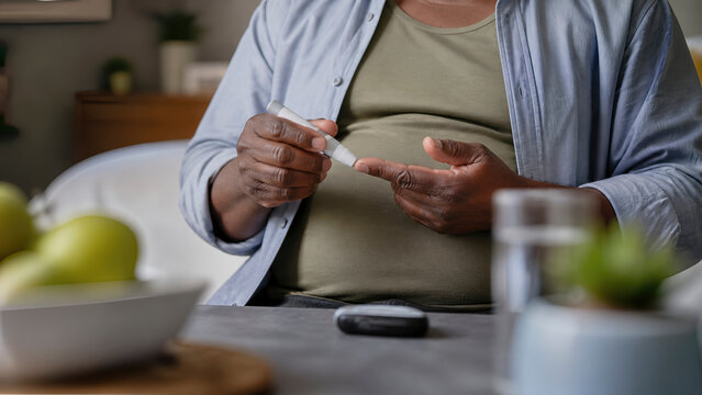 Overweight African American man checking his blood sugar levels with a glucometer at home. Healthcare and diabetes management concept.