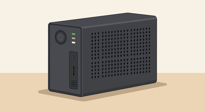 Small black mini PC desktop computer unit with power button and connection ports including HDMI and USB-C for home office setup and digital media storage solutions