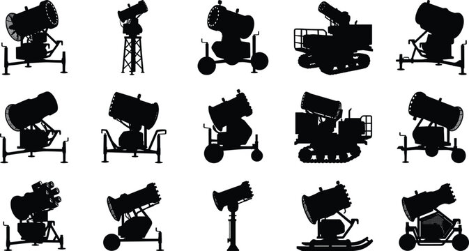Collection of snow cannon silhouettes featuring snowmaking machines, fans, tripods, stands, and winter resort equipment
