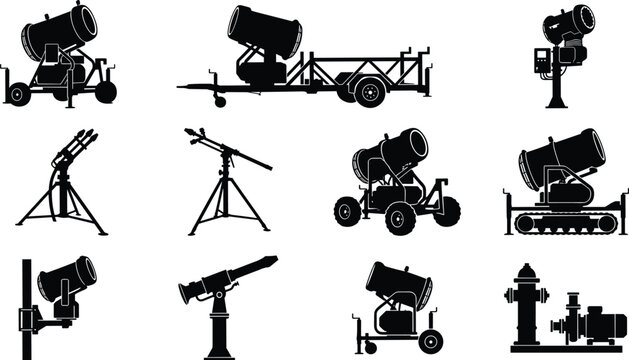 Collection of snow cannon silhouettes featuring snowmaking machines, fans, tripods, stands, and winter resort equipment