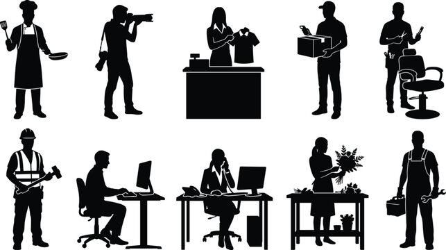 Collection of professional worker silhouettes featuring business, service, construction, retail, and technical people