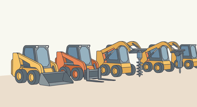 Skid steer loaders with various attachments including bucket forks auger and hammer for construction work and earthmoving projects in a clean flat vector illustration style