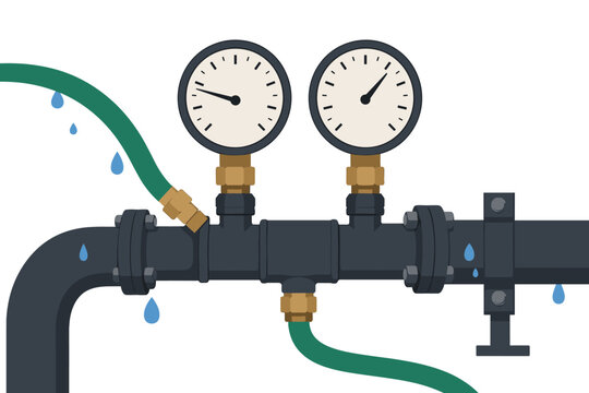 Industrial pipe system with pressure gauges and leaking water droplets showing plumbing maintenance issues and technical equipment for liquid flow control in a flat vector style