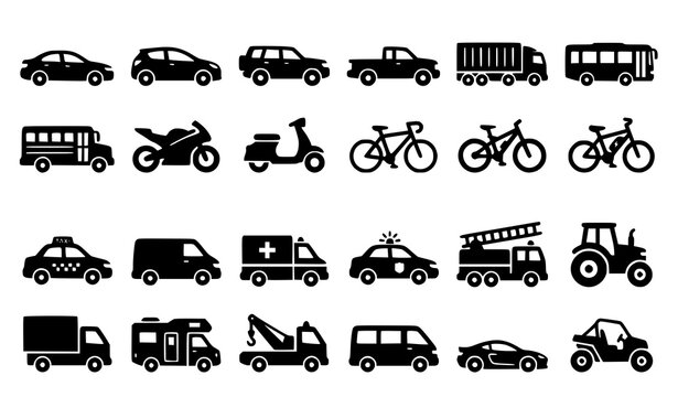 Black Vehicle Vector Icons Featuring Cars Buses Trucks Motorcycles and Bicycles