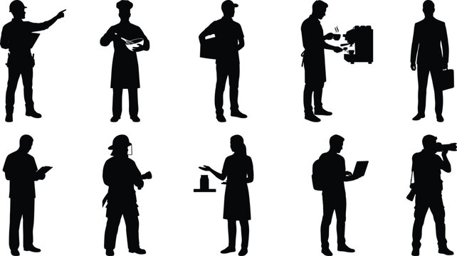Collection of professional worker silhouettes featuring business, service, construction, retail, and technical people
