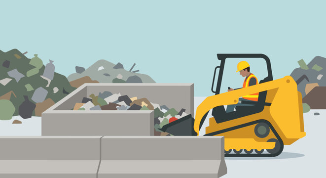 Yellow skid steer loader operator moving waste at a recycling center or landfill facility with piles of garbage and industrial equipment for environmental management