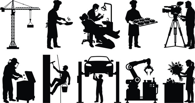 Collection of professional worker silhouettes featuring business, service, construction, retail, and technical people