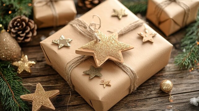 Beautifully Wrapped Christmas Gifts Tied with Twine and Decorated with Gold Stars on a Wooden Table