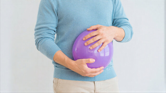 Man in Blue Sweater Holding a Purple Balloon Against His Stomach, Representing Bloating, Gas, and Digestive Discomfort Metaphor