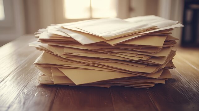 A substantial stack of brown envelopes artfully arranged on a rustic wooden table bathed in soft ambient light