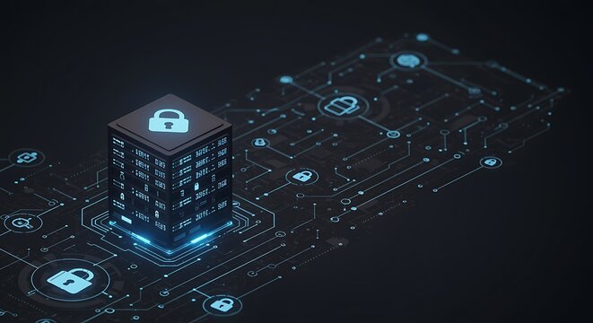Futuristic digital data storage with glowing lock symbol representing cybersecurity and encryption technology concept
