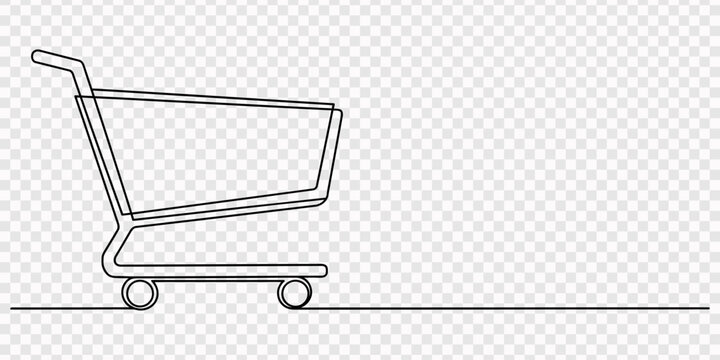 Minimalist Shopping Cart Continuous One Line Art Continuous Drawing Ecommerce Store Trolley Icon Illustration, Continuous line art shopping cart icon with a number one item count, rendered