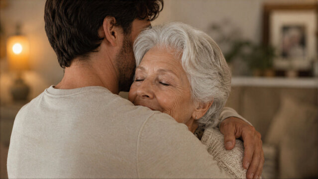 Close up of a happy senior woman with white hair hugging her adult son at home with eyes closed, expressing love, affection and emotional connection in a cozy living room.