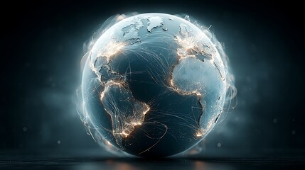 Naklejka premium Adobe stock style photograph of an advanced global logistics network map with dramatically illuminated cargo shipping routes casting soft cyan reflections across a dark blue spherical Earth 