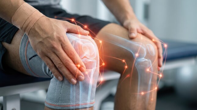 Athlete with knee brace sitting on sports bench holding injured knees injury