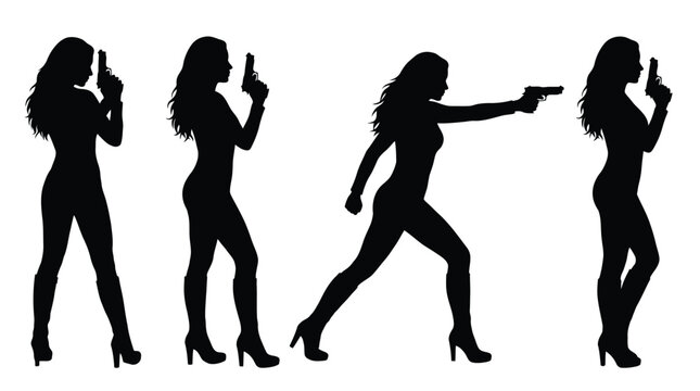 Multiple black silhouettes of a female secret agent holding a handgun in this vector graphic design