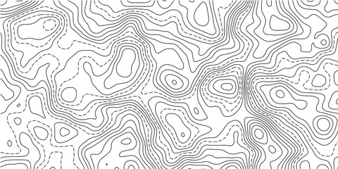 Black and White Topographic Map Pattern with Solid and Dashed Contour Lines, Terrain Elevation Curves and Geographic Cartography Texture Background. © Hasan