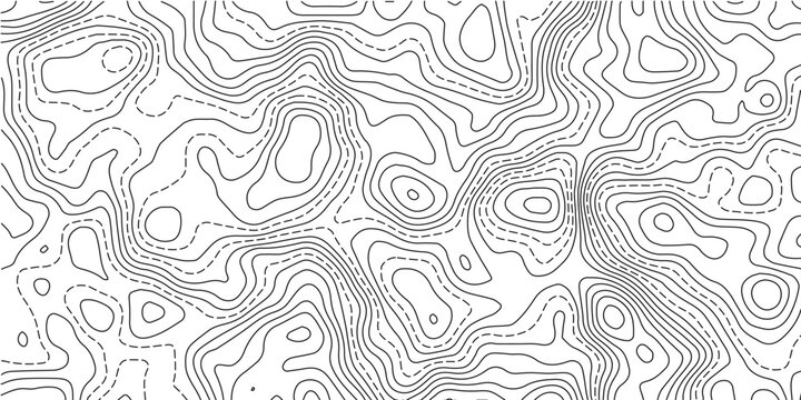 Black and White Topographic Map Pattern with Solid and Dashed Contour Lines, Terrain Elevation Curves and Geographic Cartography Texture Background.